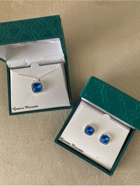 Blue Crystal Marcasite Necklace and Stud Earring Set